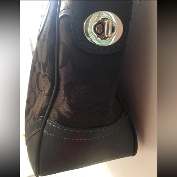 Coach Leatherware 2005 Vintage Signature Jacquard Black Handbag Teal Stitching - Picture 7 of 16